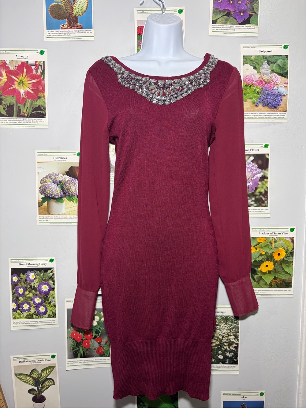XOXO Burgundy Long-Sleeve Embellished Neckline Dress